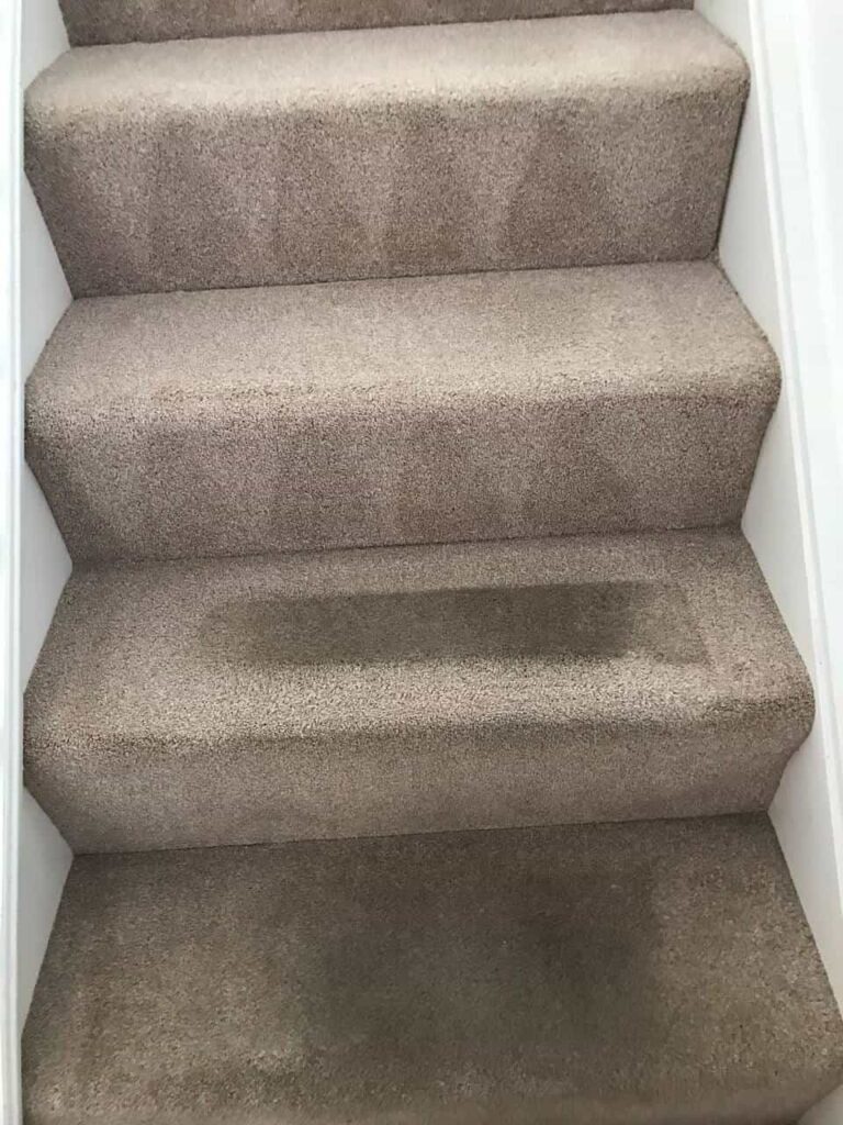 this is a photo of a staircase with beige carpets that is in the process of being cleaned
